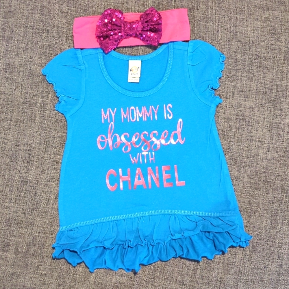 Baby Girl My Mommy Is Obsessed with Chanel Shirt and Headband Set 18M New